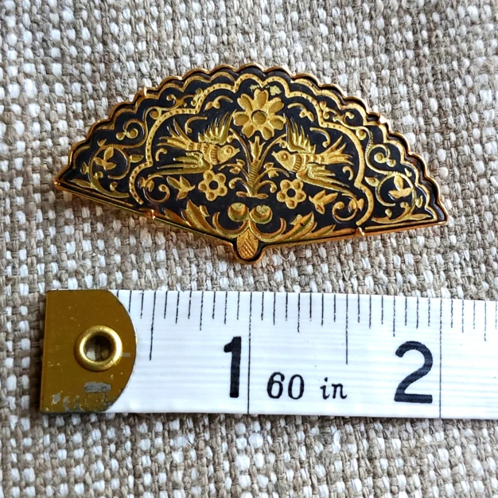 Antique Spanish Damascus 24k gold inlay craft bird fan brooch - Picture 4 of 6